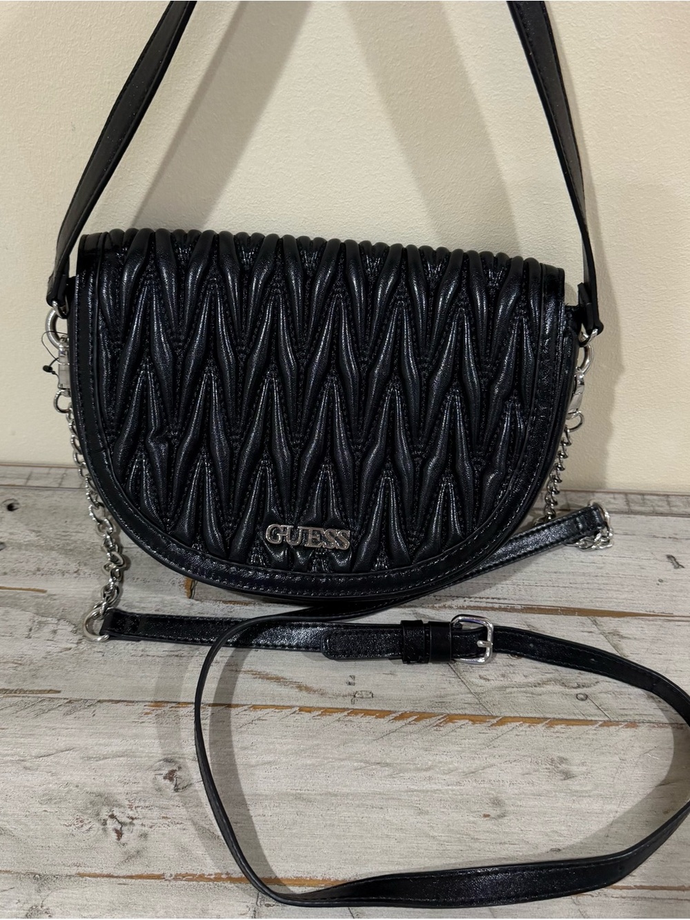 GUESS Black Quilted Leather Crossbody with Silver Chain Trim